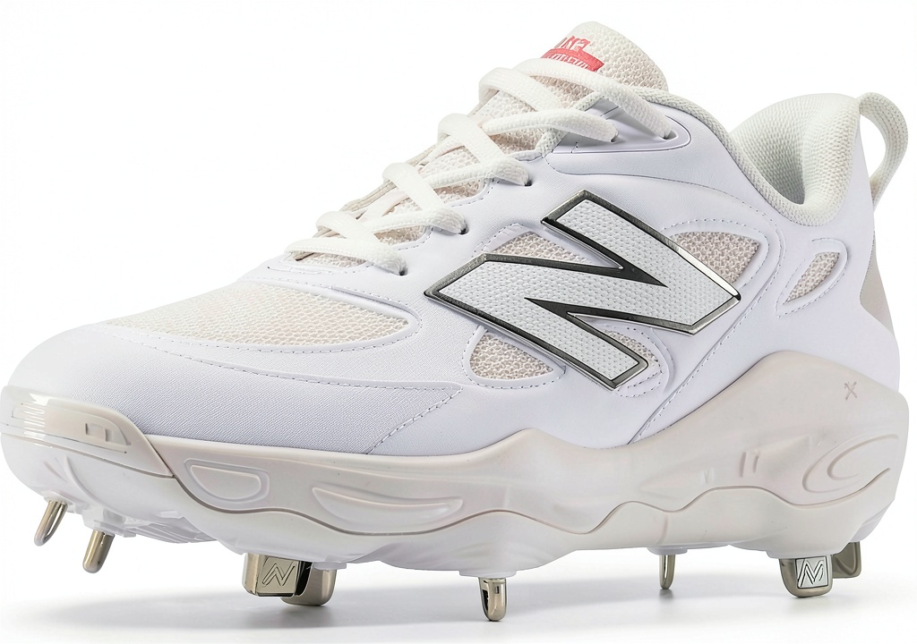 New Balance women’s softball cleats on a natural grass field, showing metal spikes and Fresh Foam X midsole