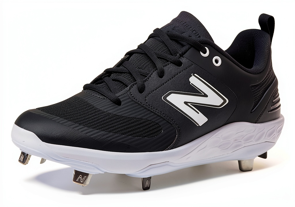 Installing New Balance Baseball Shoes Fresh Foam Black on a wooden desk