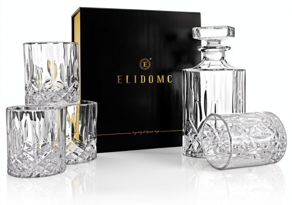 Italian Crafted Crystal Whiskey Decanter Set ELIDOMC 5PC 4 Glasses-2