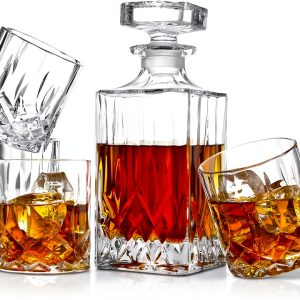 Italian Crafted Crystal Whiskey Decanter Set ELIDOMC 5PC 4 Glasses-0