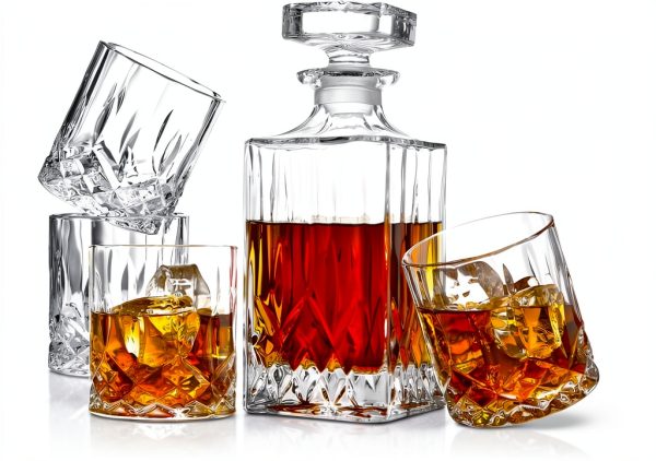Italian Crafted Crystal Whiskey Decanter Set ELIDOMC 5PC 4 Glasses-0